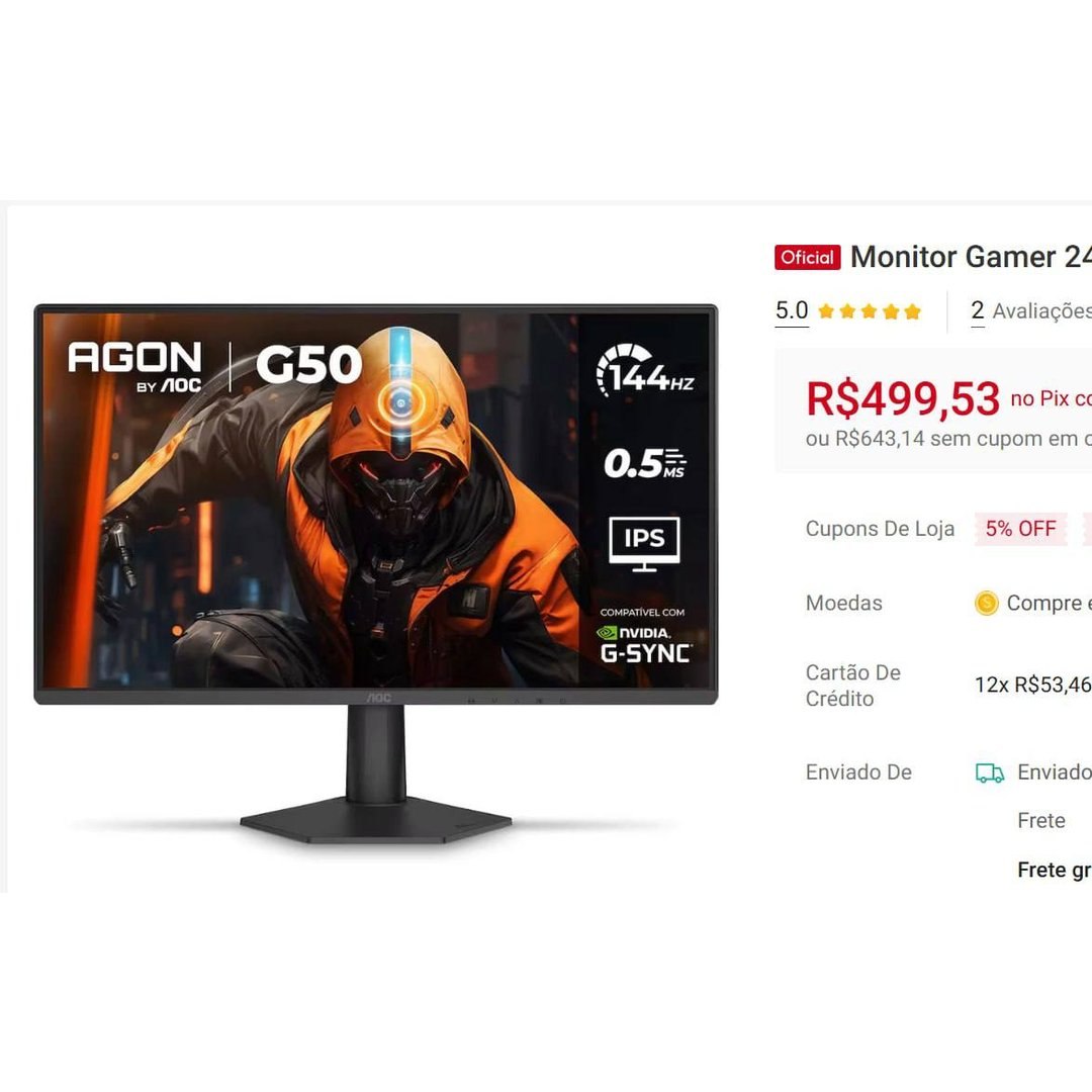 Monitor Gamer AOC AGON G50 24", Painel IPS, 144Hz, 0,5ms