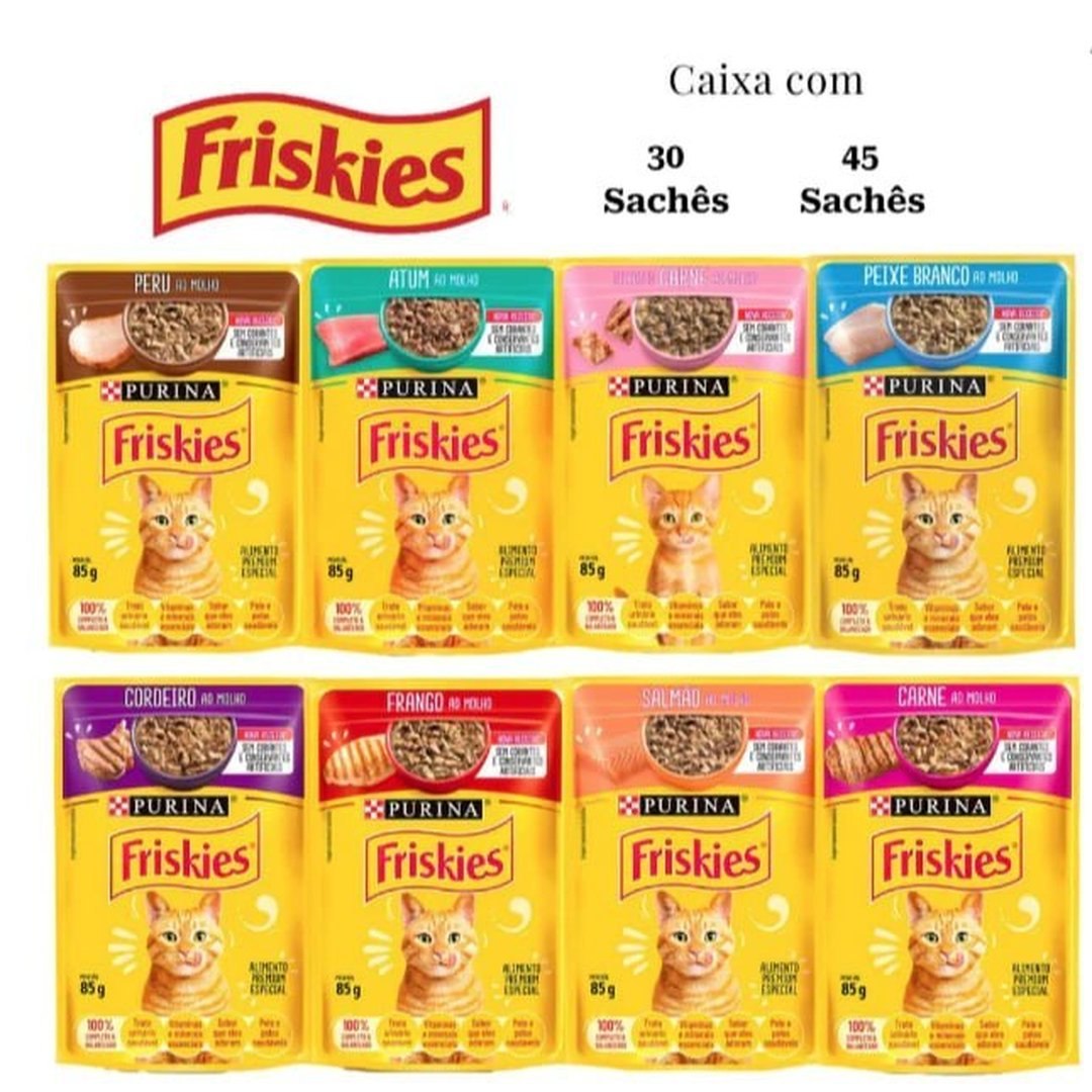 45 Sachês Friskies Alimento Úmido Gatos Carne Frango Atum Peixe Branco Cordeiro Salmão Peru