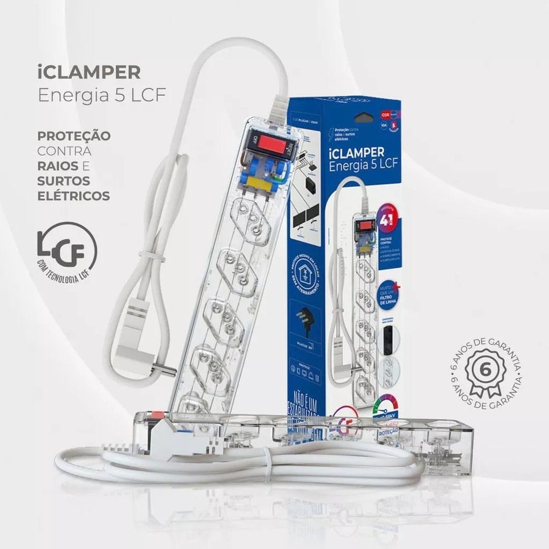iCLAMPER Energia 5 Tomadas LCF Transparente Filtro de Linha e Protetor Elétrico DPS Bivolt