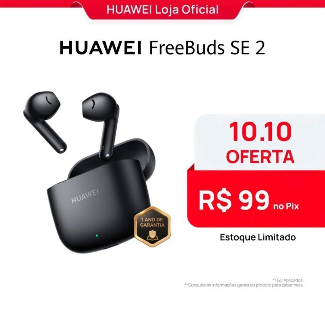 Huawei FreeBuds Se 2 Fone de Ouvido Sem Fio Até 40 Horas de Bateria Compacto e Confortável