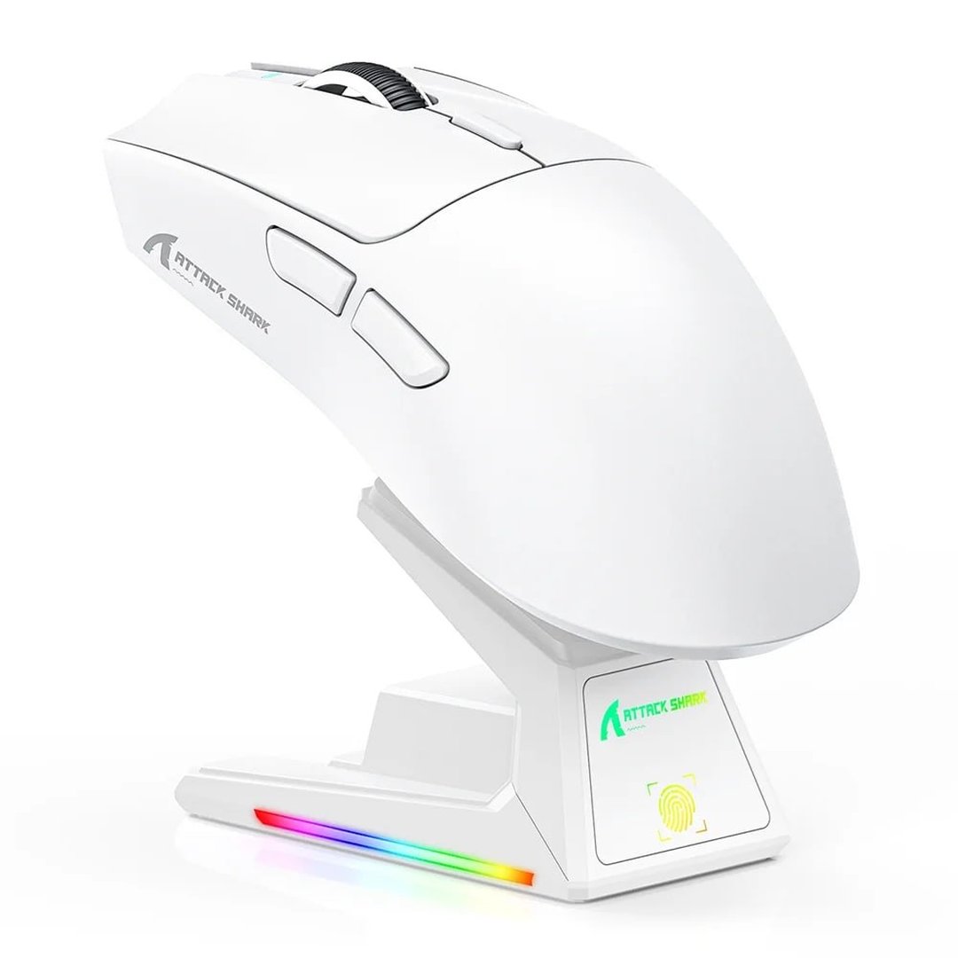 Mouse Gamer sem Fio Attack Shark X1, Ultraleve, com Base de Carregamento Magnético RGB, Tri-Mode, 40.000 DPI, Sensor Óptico PAW3395 PRO, 6 Botões Branco