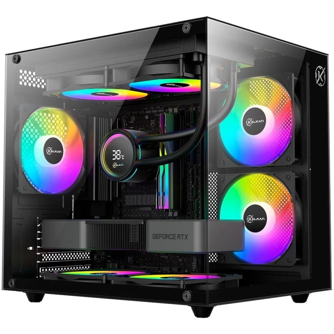 Gabinete Gamer Kalkan Midgard Lite Wind, M-ATX, Frontal e Lateral em Vidro Temperado, 3 Ventoinhas RGB, Preto KLK00091