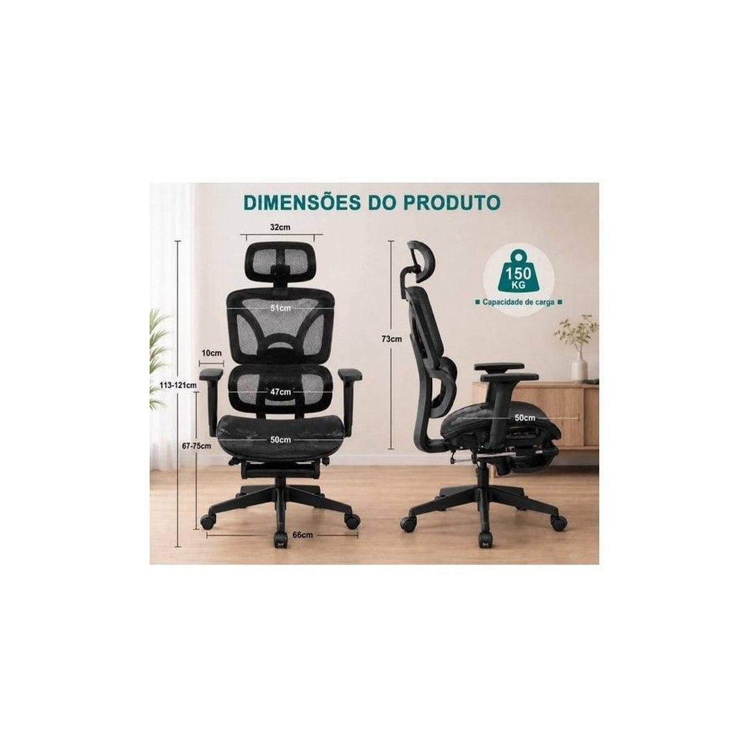 Cadeira Presidente Ergonomica Escritorio Mesh Reclinavel Com Apoio De Pes Retratil E Apoio De Cabeça