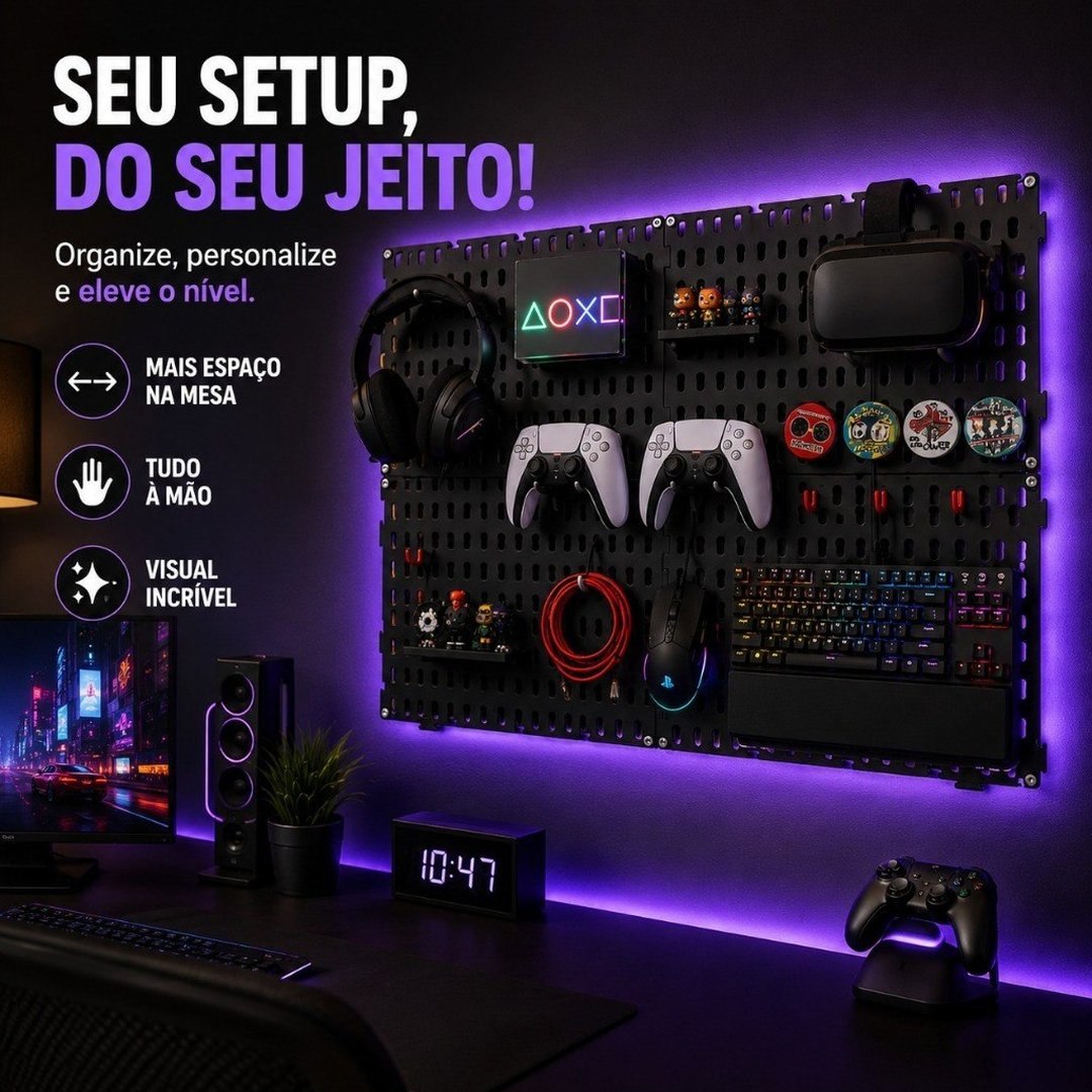 Painel Pegboard Organizador Setup Gamer 59x35 + Brindes