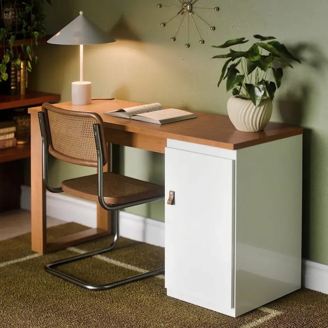 Escrivaninha Paris 115cm de Home Office com 1 Porta e Puxador de Couro
