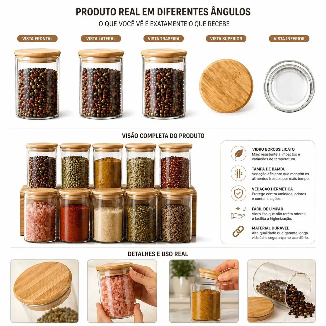 2x Kit de 20 Potes Herméticos Kyrios em Vidro Para Mantimentos com Tampa de Bambu 200 mL