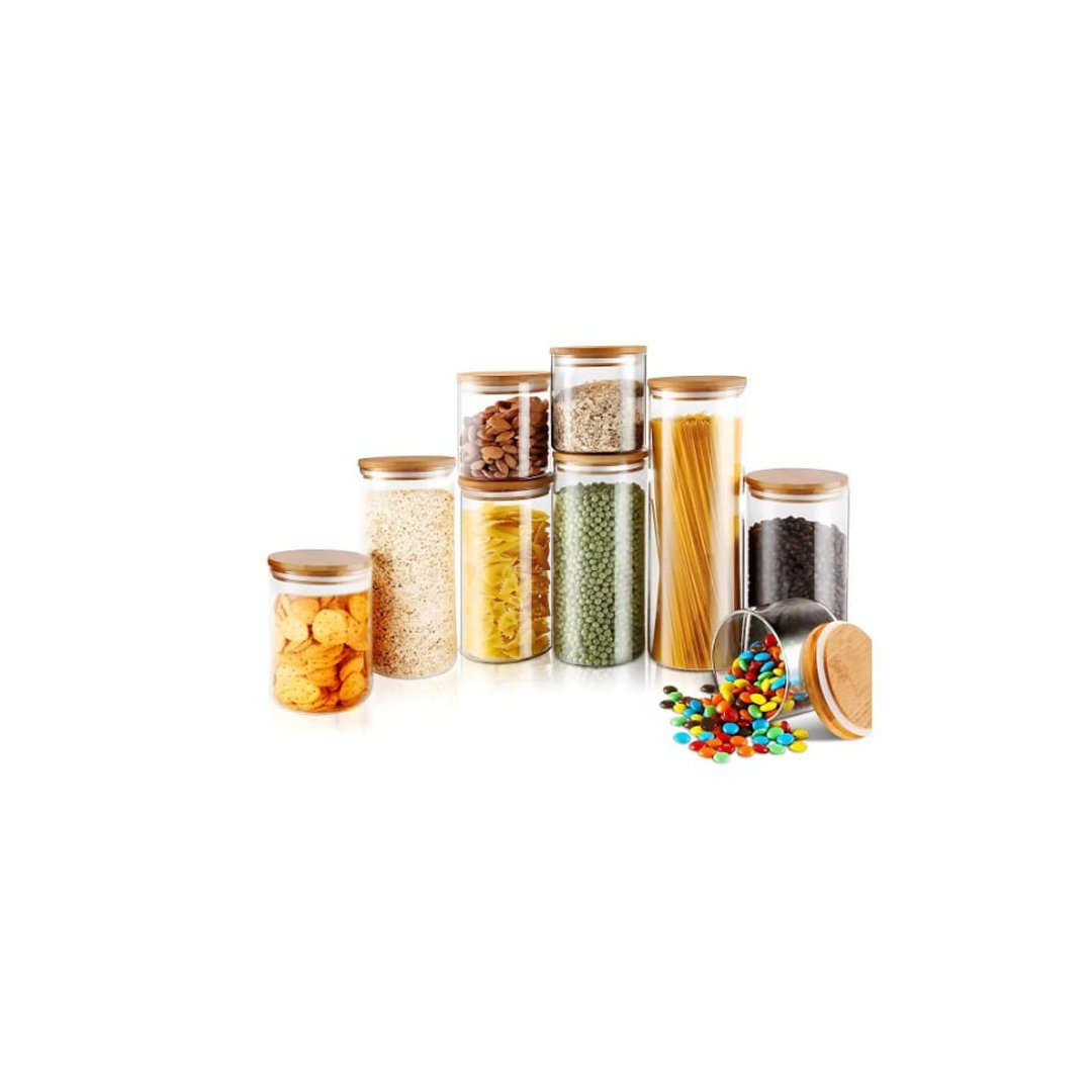 Kit 9 Potes Mantimentos Vidro Herméticos Com Tampa Bambu Alta Resistência