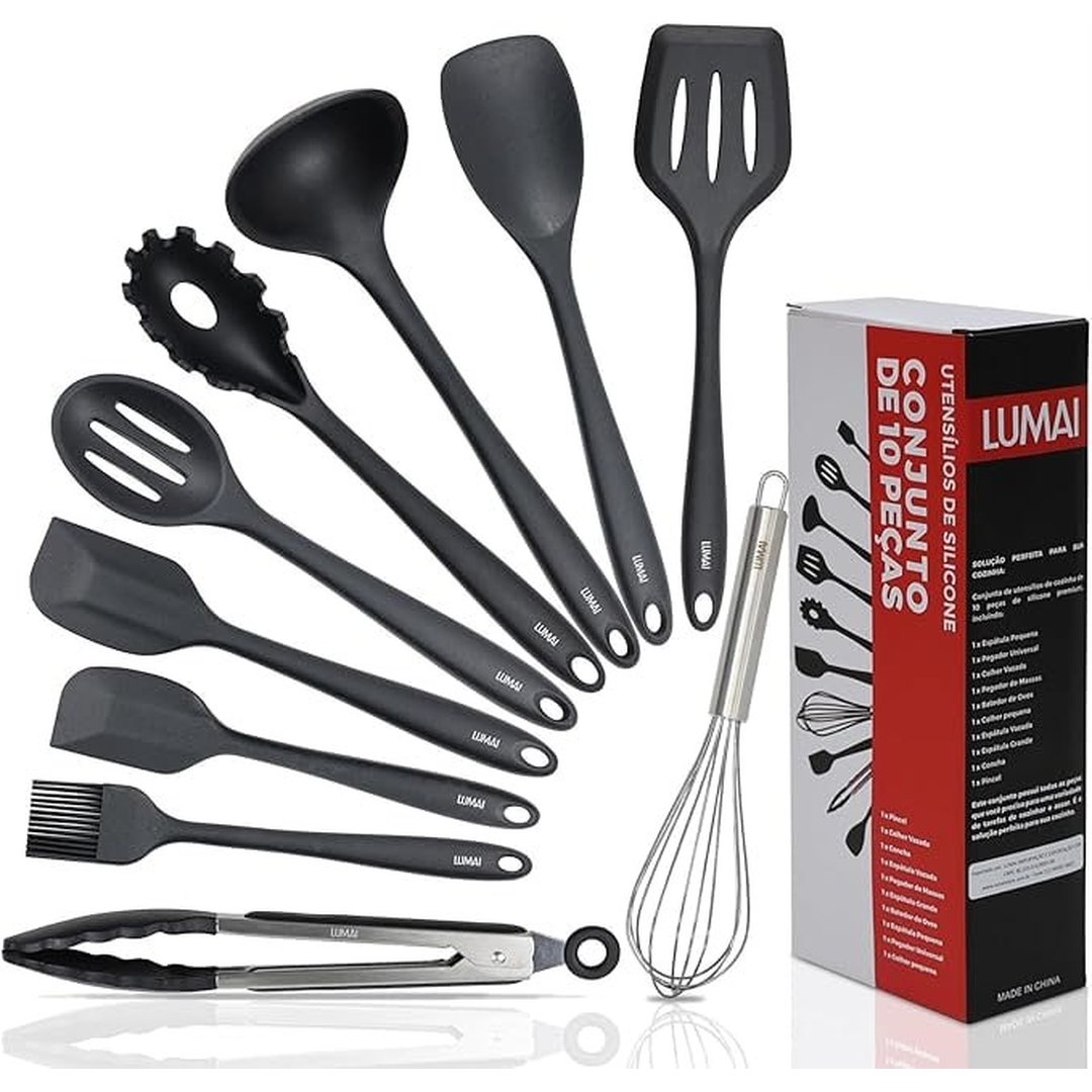 Kit 10 Utensílios de Cozinha LUMAI em Silicone e Aço Inox, Resistentes ao Calor, Antirriscos, com Espátula, Pegador, Concha e Colher, Preto