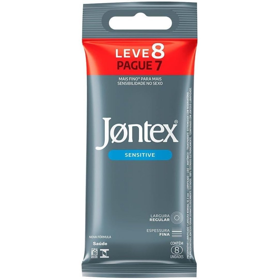 Jontex Preservativo Masculino, Espessura Fina Sensitive, 8 Unidades