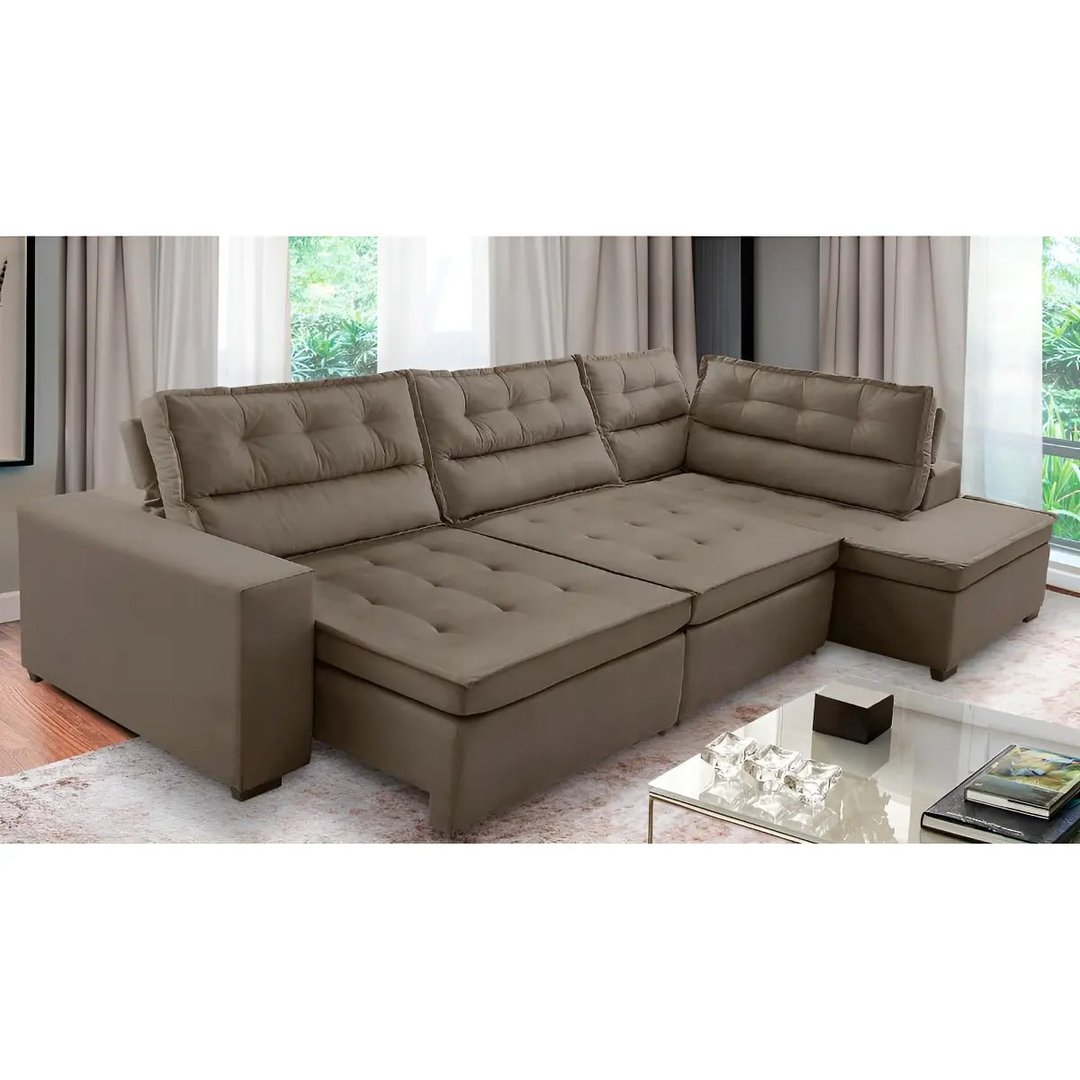 Sofá Canto Retrátil e Reclinável com Molas 3,00x2,00 Virginia Suede Cappuccino Adonai Estofados