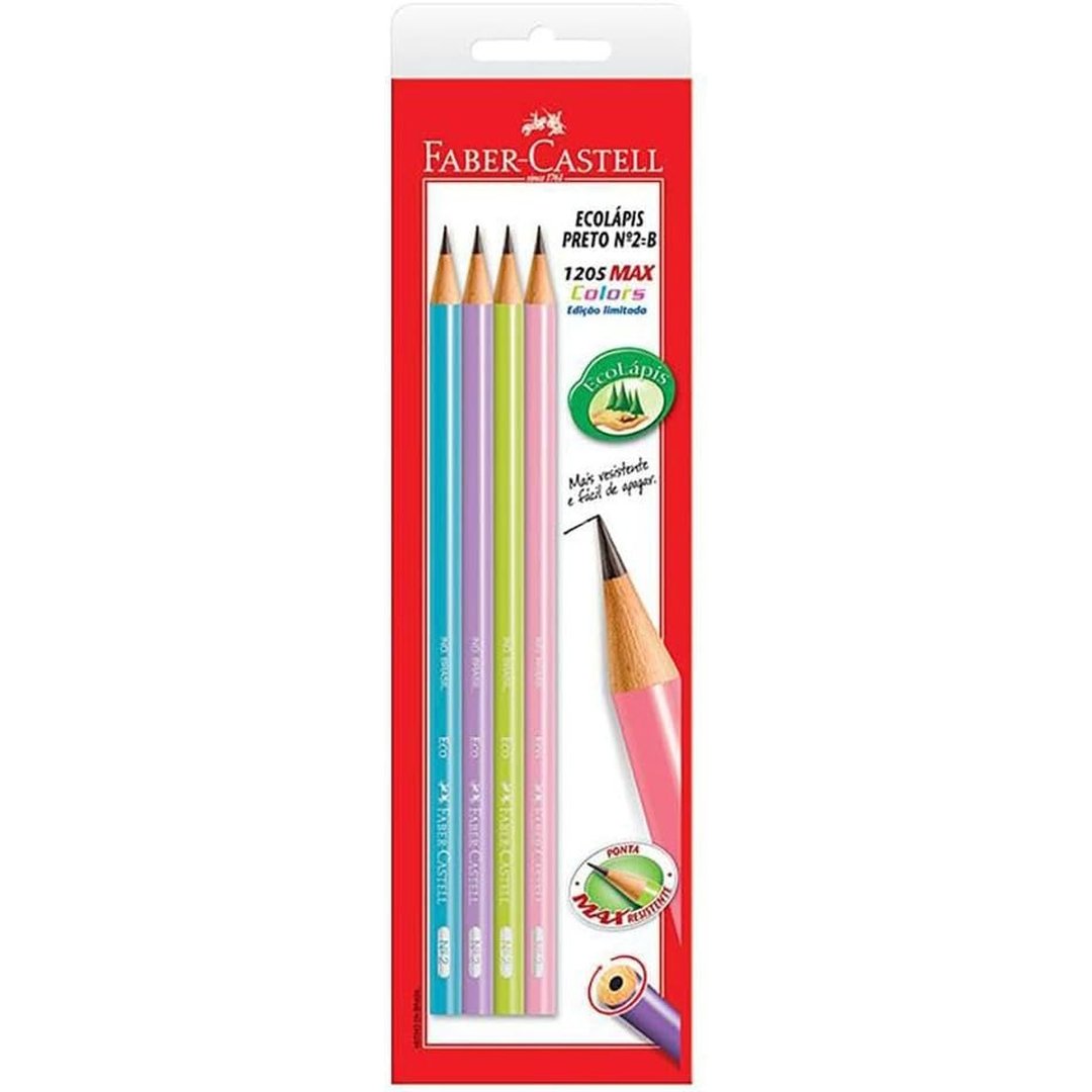 Lápis Grafite Nº 2=B, Faber-Castell, SM/1205MED, EcoLápis Max, Sem Borracha, 4 Unidades, Multicor
