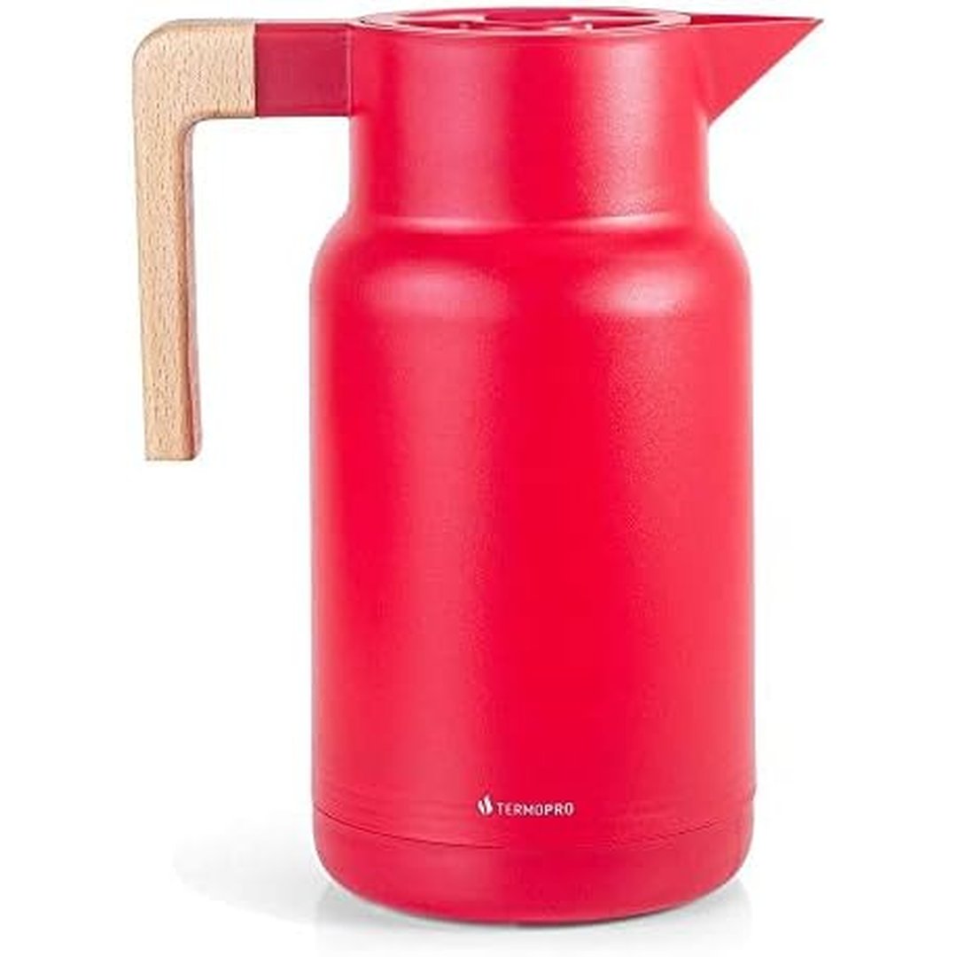 TERMOPRO Garrafa Termica 1 Litro Vermelha Wood Fashion Bule para Cafe Cha Suco com Ampola de Vidro Design Elegante Tampa Vedada e Cabo com Acabamento em Madeira