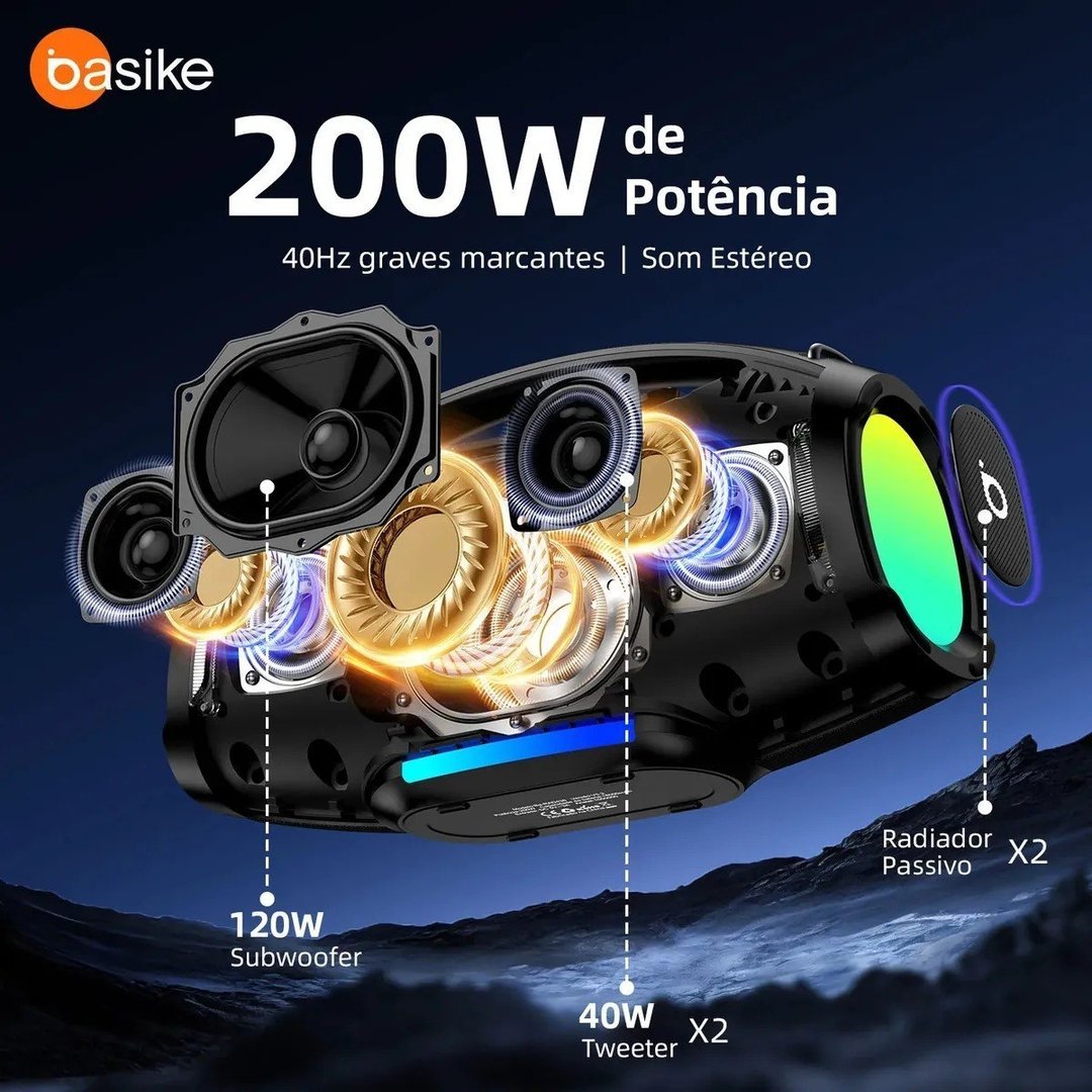 Caixa de Som Portátil Basike Bluetooth 200W Com Graves Reforçados e À Prova D'Água