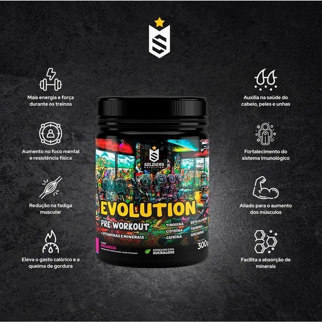 Pré-Treino Evolution Workout 300g Termogênico Sabor Melancia Soldiers Nutrition Energia Foco Treino