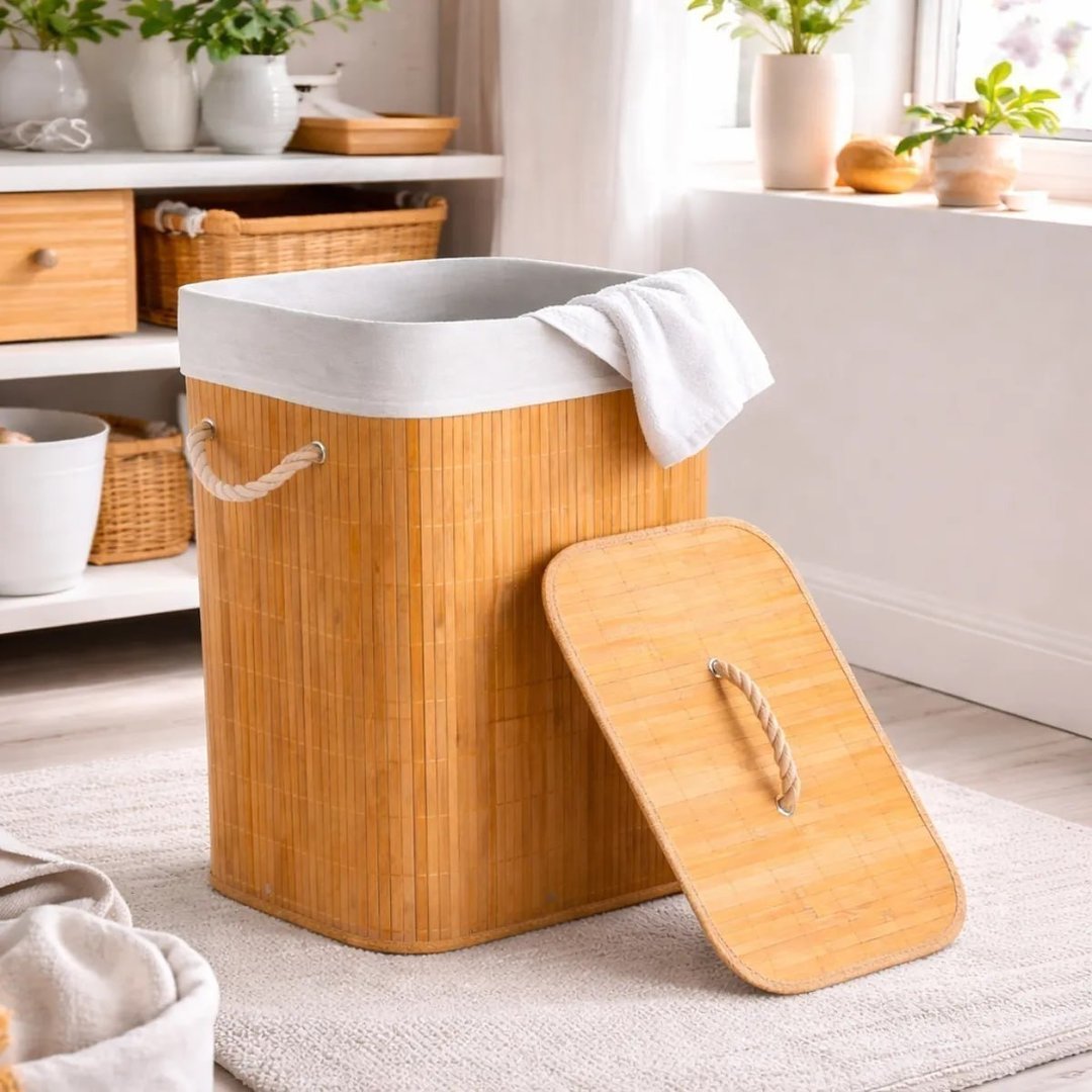 Cesto de Roupa Bambu Retangular de 72L com Tampa e Forro de Linho