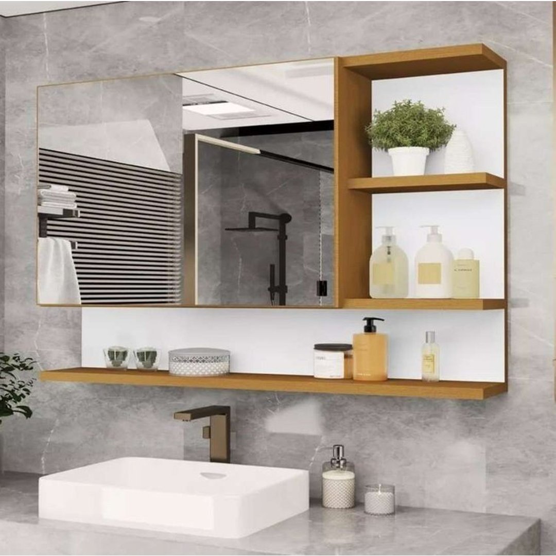 Espelheira Cleopatra de 60" para Banheiro com Espelho e Porta Nature/Branco