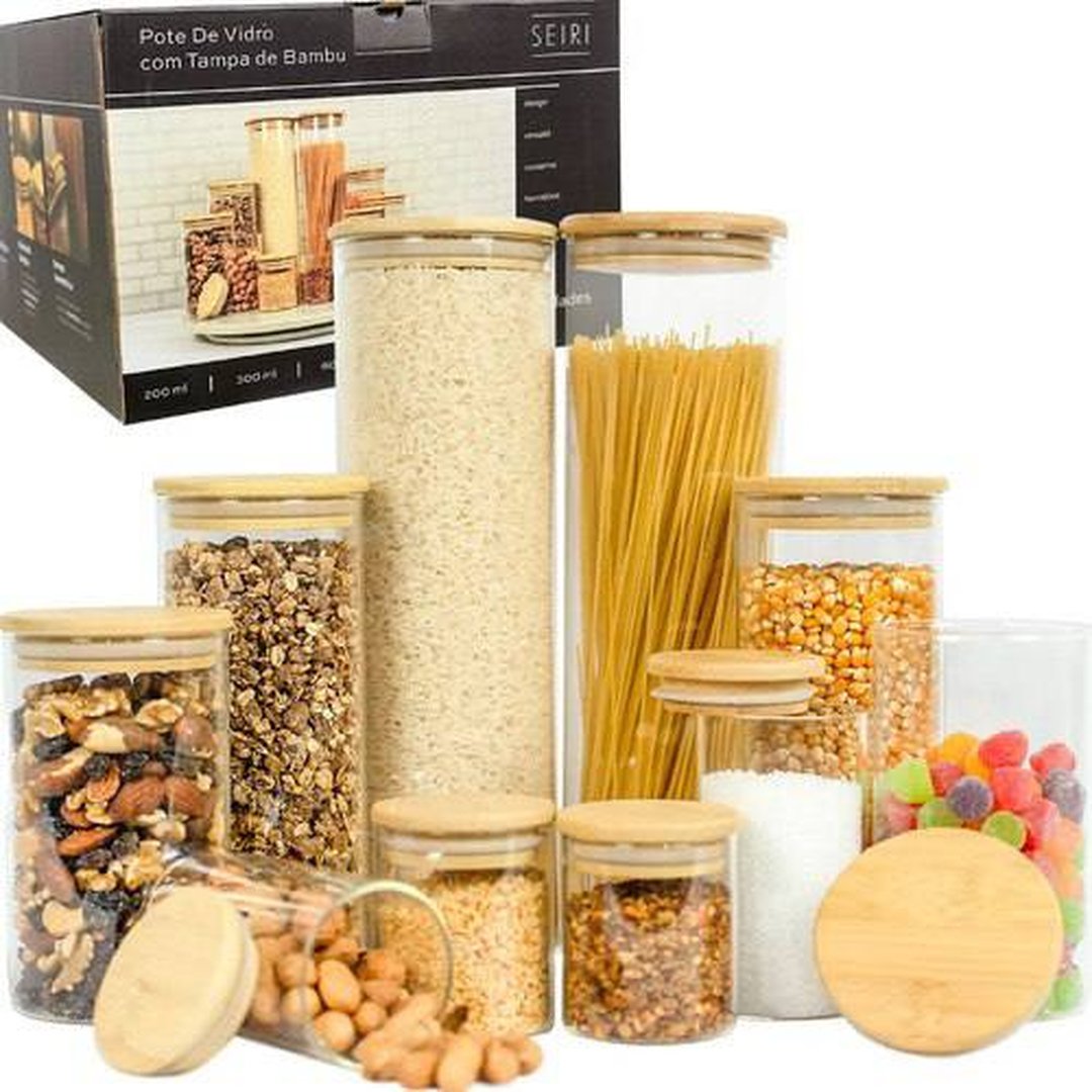 Kit 10 Potes Herméticos Vidro Tampa Bambu Seiri Para Mantimentos Cozinha